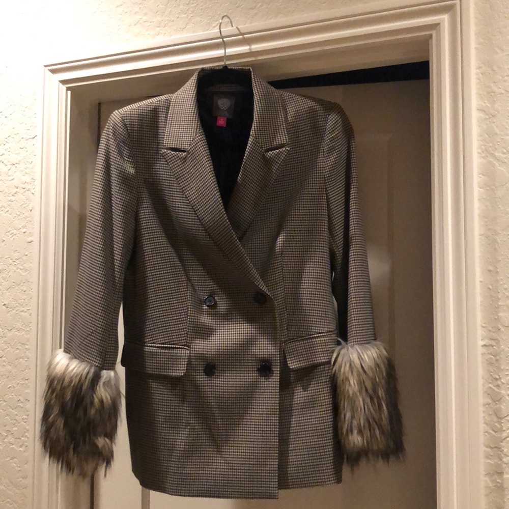 Plaid blazer with fur trimmed sleeves